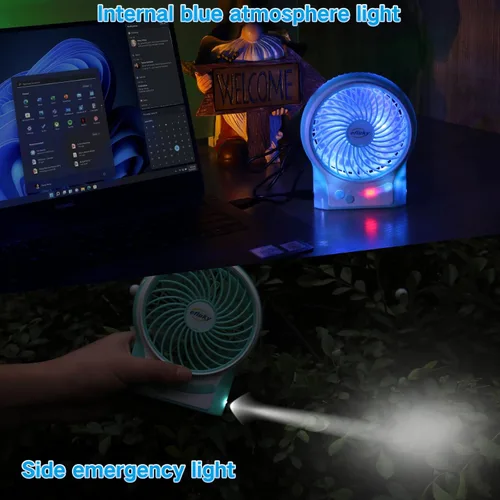 Miniatura 4 de efluky Ventilador de escritorio mini de 3 velocidades, recargable, funciona con batería y con luz LED Azul