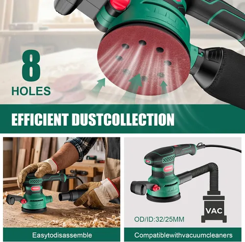 Miniatura 2 de Lijadora Orbital 3.8Amp 450W, HYCHIKA 6 Velocidades Variables Doble Mango Lijadora de Palma Orbital Aleatoria Eléctrica, Lijadora Eléctrica de 5