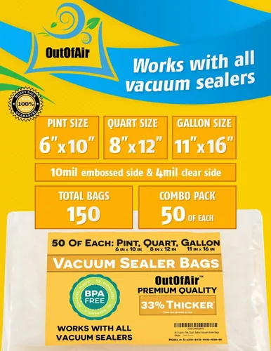 Miniatura 2 de 150 bolsas selladoras al vacío: 50 pintas (6" x 10"), 50 cuartos (8" x 12"), 50 galones (11" x 16") por OutOfAir - Funciona con FoodSaver y otros
