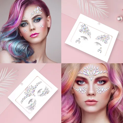 Miniatura 3 de SAOROPEB Gemas faciales – 6 juegos de joyas de cara de sirena, calcomanías temporales de tatuaje, calcomanías de acrílico con purpurina de cristal