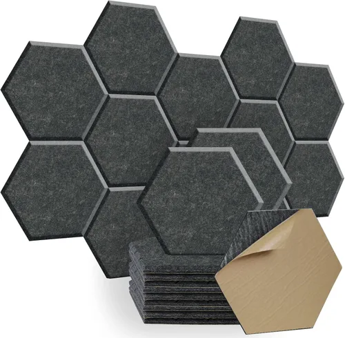 Miniatura 9 de SHJADE Paneles acústicos hexagonales autoadhesivos, paquete de 12 paneles acústicos de 12 x 10 x 0.4 pulgadas, azulejos de cuña insonorizados