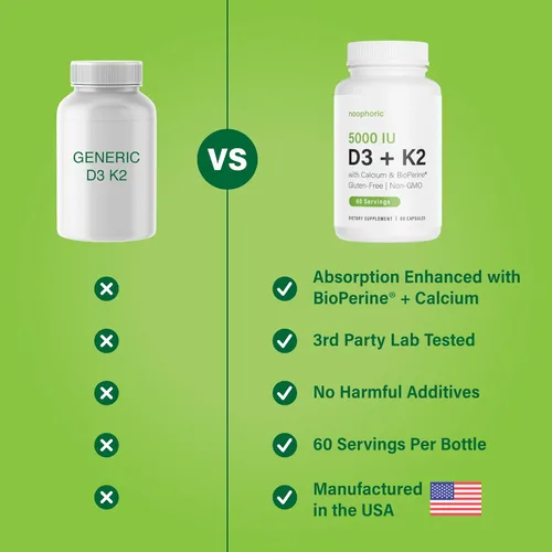 Miniatura 4 de Noophoric Vitamina D3 K2 5000 UI, D3 con K2 MK7, cápsulas de vitamina D3 K2 con calcio y bioperina, sin OMG, sin gluten, sin soja, 60 cápsulas