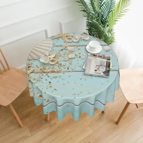Miniatura 6 de Giwawa Mantel redondo de conchas marinas, diseño de estrella de mar sobre tablero de madera azul, diseño de playa costera, 60 pulgadas, para Junta