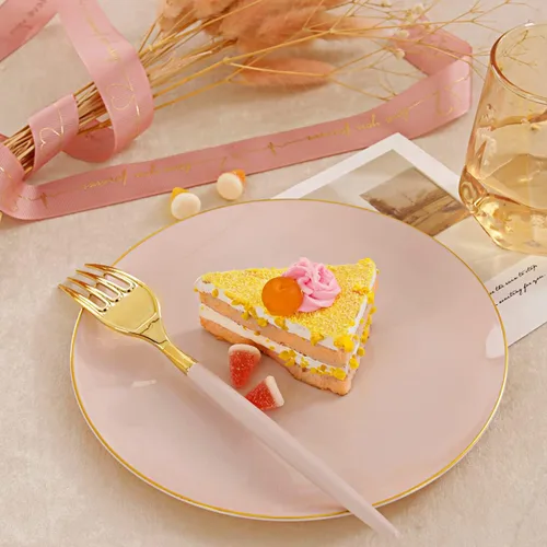 Miniatura 4 de I00000 72 platos de postre de plástico rosa con tenedores desechables, platos de pastel rosa de primera calidad, plato de aperitivo elegante con Oro