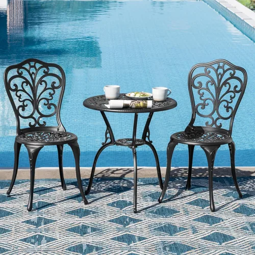Miniatura 4 de NUU GARDEN Bistro - Juego de 3 piezas para exteriores de aluminio fundido para todo tipo de clima, juego de mesa y sillas de patio con agujero