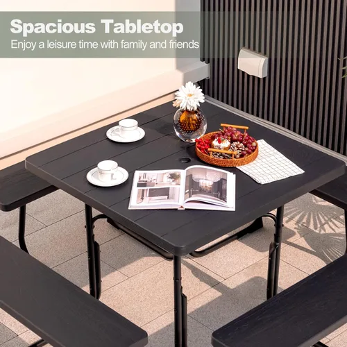 Miniatura 5 de Tangkula Mesa de picnic para 8 personas, mesa de picnic cuadrada al aire libre con 4 bancos integrados, agujero para paraguas, marco de metal y mesa
