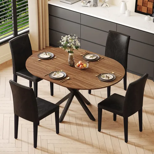 Miniatura 4 de Juego de mesa de comedor redonda para 4, juego de mesa de comedor extensible de 43-59 pulgadas, mesa de grano de madera de nogal y 4 sillas