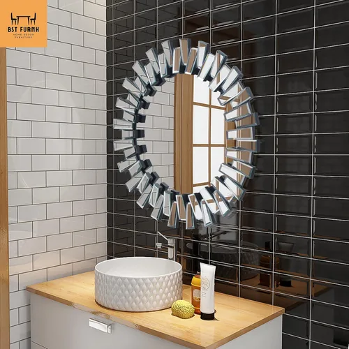 Miniatura 2 de BST FURNH Espejo Redondo de Pared Decorativo de 24 Pulgadas Espejo de Pared Decorativo con Marco Irregular y Borde Biselado Espejos para Pared