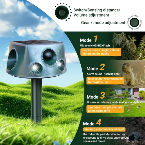 Miniatura 4 de Repelente solar de animales de 360° mejorado: repelente de gatos al aire libre Repelente ultrasónico de plagas con detección de movimiento