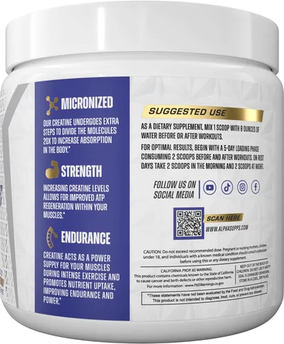 Miniatura 3 de Alpha Supps - Polvo de monohidrato de creatina alfa favorece el crecimiento muscular Micronizado Sin sabor 10.58 oz - 60 porciones