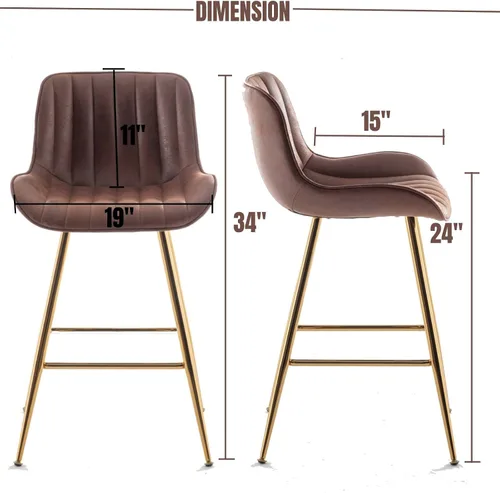 Miniatura 2 de Juego de 2 taburetes de bar marrones, taburetes de bar modernos con respaldo, taburetes de mostrador de 24 pulgadas con patas doradas macizas