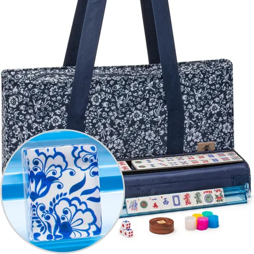 Yellow Mountain Imports American Mahjong Set, Chinoise II con funda suave azul floral - Bastidores todo en uno con empujadores, monedas de apuesta