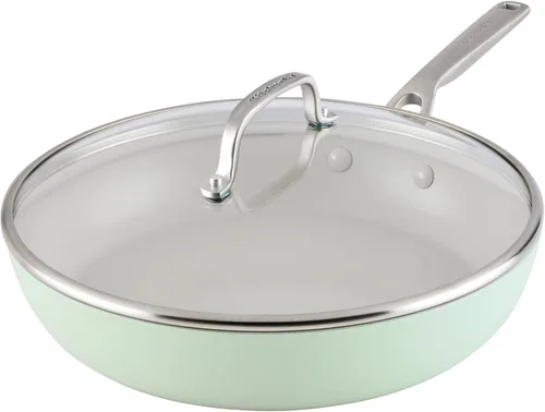 Miniatura 14 de KitchenAid - Sartén/cocedor jumbo de cerámica anodizada dura antiadherente con inducción con tapa y mango auxiliar, apta para lavavajillas, Porcelana