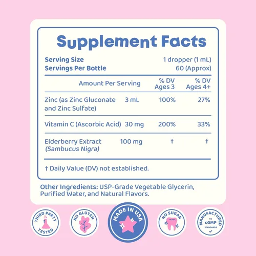Miniatura 7 de JoySpring ZincBerry - Suplemento de zinc y vitamina para niños (2 fl oz) Gotas de apoyo inmunológico con sabor a saúco para niños de 3 a 16 años