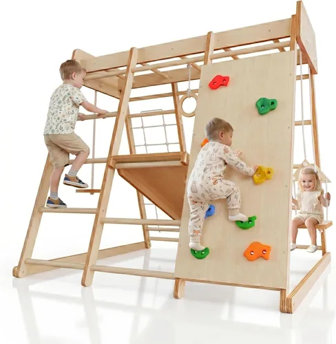 LINKHOO Gimnasio grande de madera para interiores de la selva para niños de 2 a 6 años, juego de escalador Montessori con tobogán, red de escalada,
