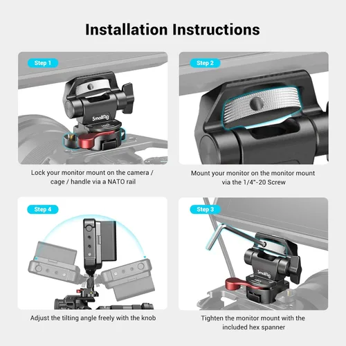 Miniatura 6 de SMALLRIG Soporte para monitor de campo con abrazadera NATO, soporte para monitor de cámara para monitor de 5 y 7 pulgadas, giratorio e inclinable