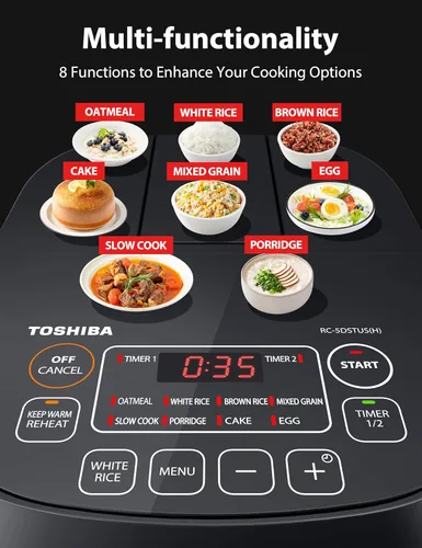 Miniatura 3 de TOSHIBA Arrocera pequeña de 3 tazas sin cocer - Pantalla LCD con 8 funciones de cocción: arroz, avena, granos mezclados y más, olla interior Gris