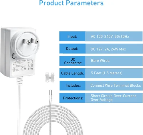 Miniatura 2 de Adaptador de fuente de alimentación de 12 V, 2 A, convertidor de 24 W CA/CC de 100 V-240 V a 12 voltios y extremos de cable desnudo + terminales