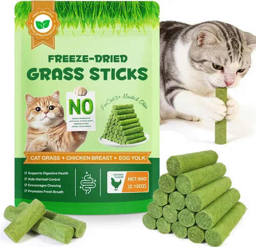 Palito de hierba para gatos de 2.12 oz, secado congelado, bocadillos para limpieza de dientes y eliminación de bolas de pelo, sabor natural a pollo