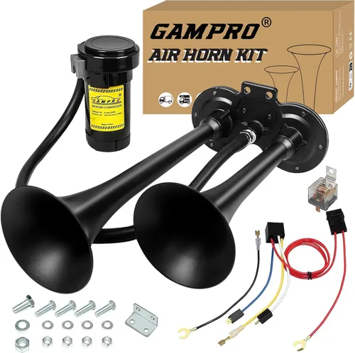 Miniatura 9 de GAMPRO Bocina de aire de 150db 12V, trompeta doble de zinc cromado con compresor para cualquier vehículo de 12 V (negro)