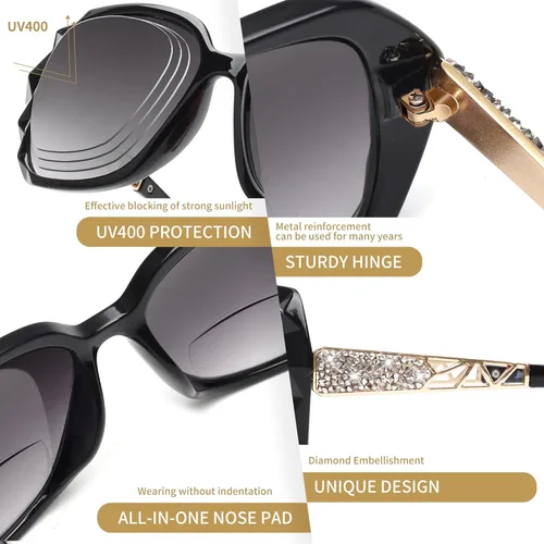 Miniatura 4 de JM Paquete de 2 Gafas de Sol de Lectura Bifocales para Mujeres de Moda Cuadradas de Gran Tamaño Lentes de Sol Lectoras para Lectura al Aire Libre