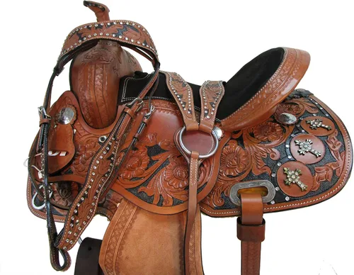 Miniatura 9 de Western Saddle Barril Racing Caballo Placer Floral Tooled Cuero Trail Tack Cowboy Rodeo Set 15 16 17 18