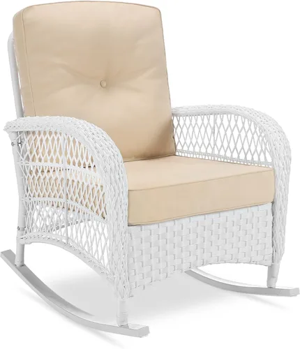 Miniatura 18 de VIVIJASON Mecedora de mimbre para exteriores, silla mecedora de ratán para patio con cojines y marco de acero, muebles de mimbre mecedores