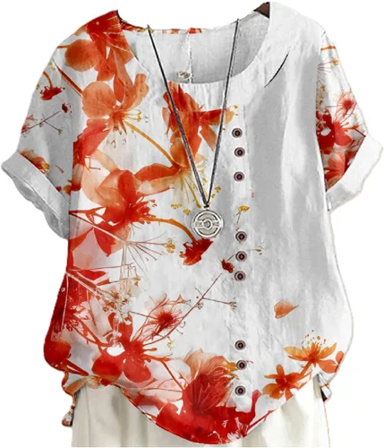 Miniatura 7 de domirica Camisetas de verano para mujer 2024 con estampado de flores, algodón, lino, manga corta, cuello redondo, camisas casuales de moda