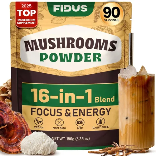 Fidus Suplemento en Polvo de 16 Hongos con 17,300mg, 90 Porciones de Alternativa de Café de Hongos para Inmunidad, Concentración y Energía con