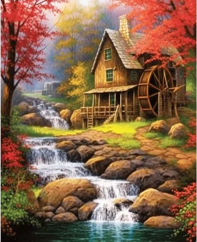 Miniatura 14 de Tucocoo Kit de pintura de flores para casa por números con pinceles y pigmento acrílico sobre lienzo para adultos, paisajes de bosques arroyos