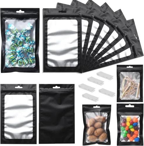 Miniatura 25 de 400 bolsas de Mylar resellables de 4 x 5 pulgadas, color negro, para almacenamiento de alimentos, bolsa resellable de Mylar con ventana transparente