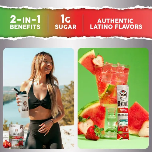 Miniatura 3 de Salud - Paquete de 2 Energía 2 en 1 + Enfoque (sandía fresa) e hidratación + inmunidad (lima de pepino) – 15 porciones cada una, mezcla de bebida