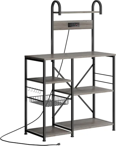 Miniatura 8 de JAMFLY Estante para hornear de cocina de 35.4 pulgadas con toma de corriente, mesa de café y soporte para horno microondas, estante de Gris