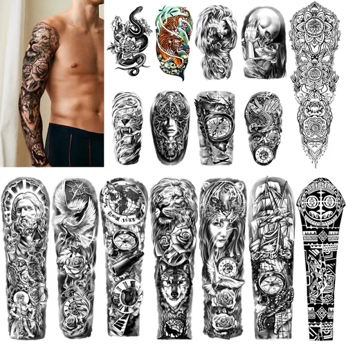 Tatuajes temporales impermeables de brazo completo 8 hojas y tatuaje de medio brazo y hombro 8 hojas, calcomanías de tatuajes extra grandes Verde