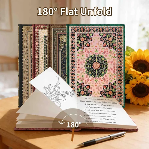 Miniatura 7 de Mlife Cuaderno grueso A5 en blanco, 288 páginas A5, papel liso de 4.23 oz/m², cuaderno de bocetos vintage de tapa dura con estampado floral dorado