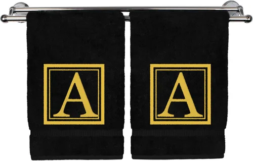 Miniatura 97 de Juego de 2 toallas de mano con monograma, 16 x 30 pulgadas, regalo personalizado, letra blanca bordada con diseño cuadrado sobre toalla negra, extra