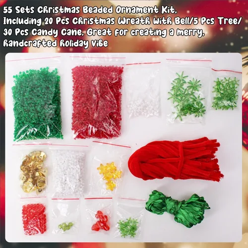 Miniatura 4 de Manualidades Navideñas para Adultos y Niños, Kit de Adornos Navideños con Cuentas de 55 Piezas, Incluye 20 Piezas de Corona con Campana/5 Piezas