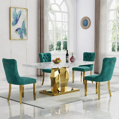 Miniatura 15 de Moderno juego de mesa de comedor de mármol sintético de 68.11 pulgadas para 6, mesa de comedor de mármol blanco y plateado con 6 sillas de Blanco