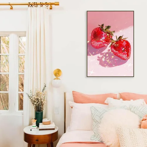 Miniatura 5 de RYMILIE Kits de pintura artística de diamante rosa para adultos, pintura de puntos de diamante de fresa para principiantes, pintura redonda 5D