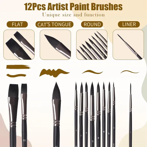 Miniatura 7 de Juego de pinceles para acuarela, 12 pinceles profesionales para pintura acrílica, pinceles de pintura al óleo para cabello fino sintético suave