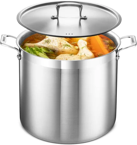 Olla de acero inoxidable con tapa, 20 cuartos de galón, acero inoxidable 18/8 duradero, base con unión por impacto para calentamiento uniforme, asas
