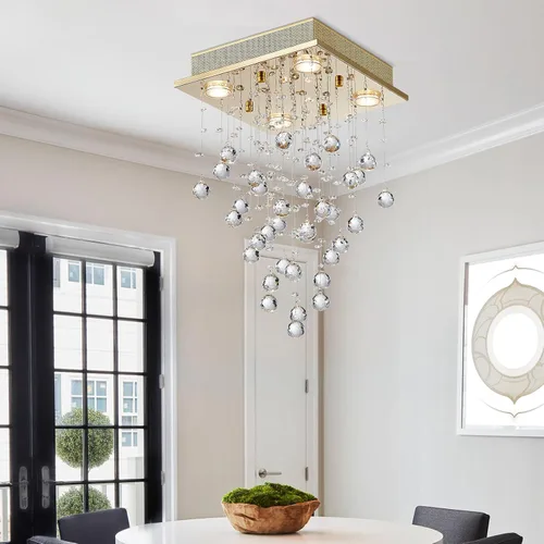 Miniatura 7 de Bestier - Candelabro dorado moderno de cristal cuadrado con gotas de lluvia, iluminación pareja para montaje; lámpara LED colgante con montaje