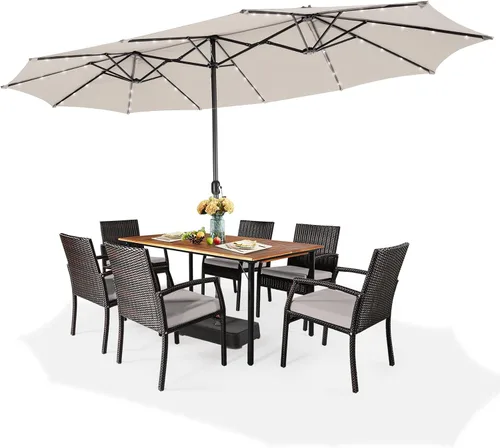 Miniatura 8 de Giantex Paraguas grande para exteriores de doble cara, 48 luces solares, panel solar de carga automática, sombrilla de patio extragrande con base