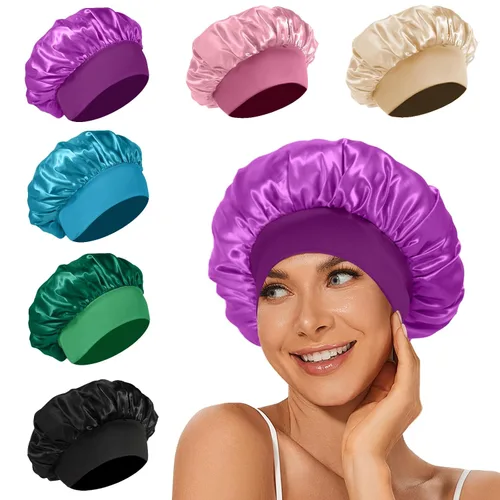 Miniatura 7 de 4 piezas de gorro de satén de seda, gorro de cabello para dormir, gorro de seda elástica de banda ancha para dormir, suave y transpirable