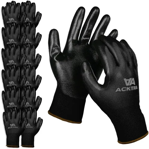 ACKTRA Guantes de trabajo de seguridad con revestimiento de nitrilo, 12 pares, WG003 negro/negro, XS