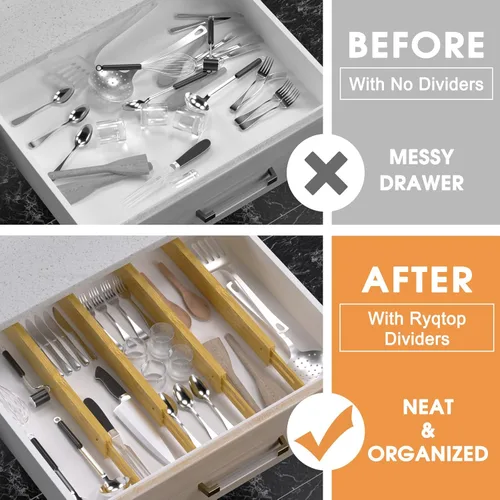 Miniatura 2 de Separadores de cajones de bambú, organizador de cajones de cocina ajustable de 17 a 22 pulgadas para ropa, paquete de 4 separadores de organización