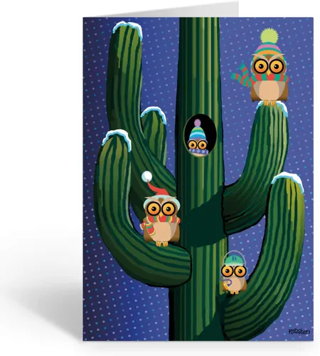 Stonehouse Collection - Tarjeta de Navidad de cactus y búhos de Saguaro de vacaciones -18 tarjetas y sobres del desierto occidental - Fabricado en