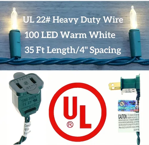 Miniatura 4 de Guirnalda de 100 Luces LED Blanco Cálido de Cable Verde para Navidad, con Certificación UL y Cadena de Iluminación Decorativa Comercial de 35 Pies