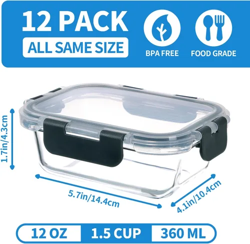 Miniatura 2 de GULFLIN - 24 piezas de recipientes pequeños de vidrio para almacenamiento de alimentos con tapas herméticas, juego de recipientes de 1.5 tazas