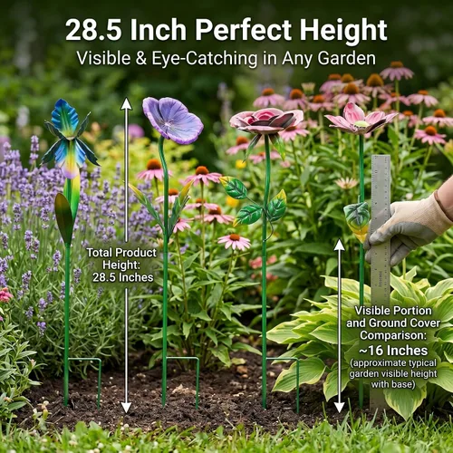 Miniatura 5 de Juego de 4 estacas de metal grandes de 28.5 pulgadas de alto para decoración de jardín, juego de 4, adornos de arte de selección de plantas, estaca